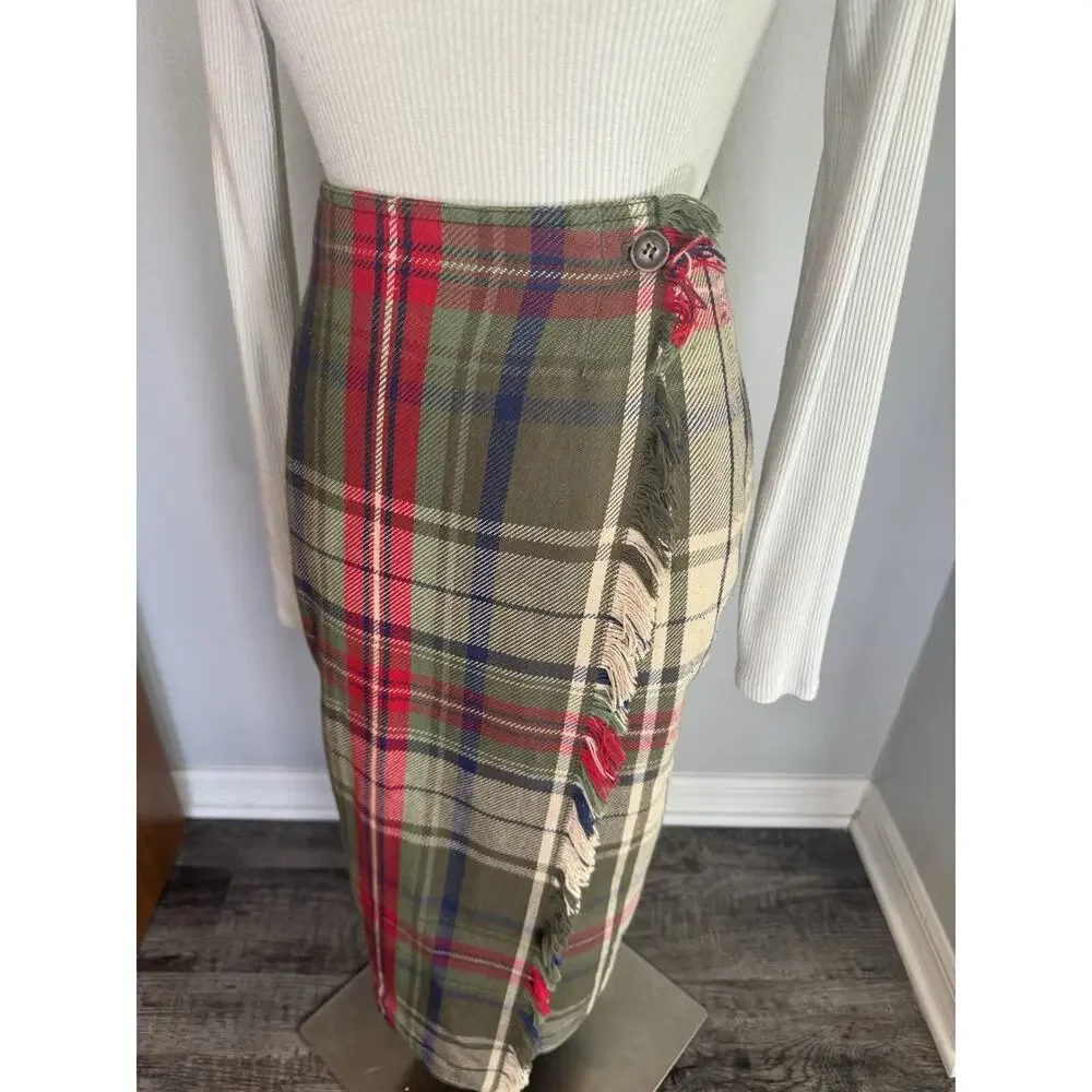 Vintage Liz Claiborne Plaid Wrap Skirt Green Red Fringe Academia Size 4 Holiday